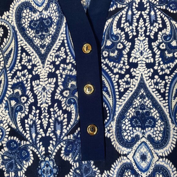 Blue Paisley V-Neck Tunic With 3/4 Sleeves PerSeption Concept Button Womens L - Picture 2 of 11